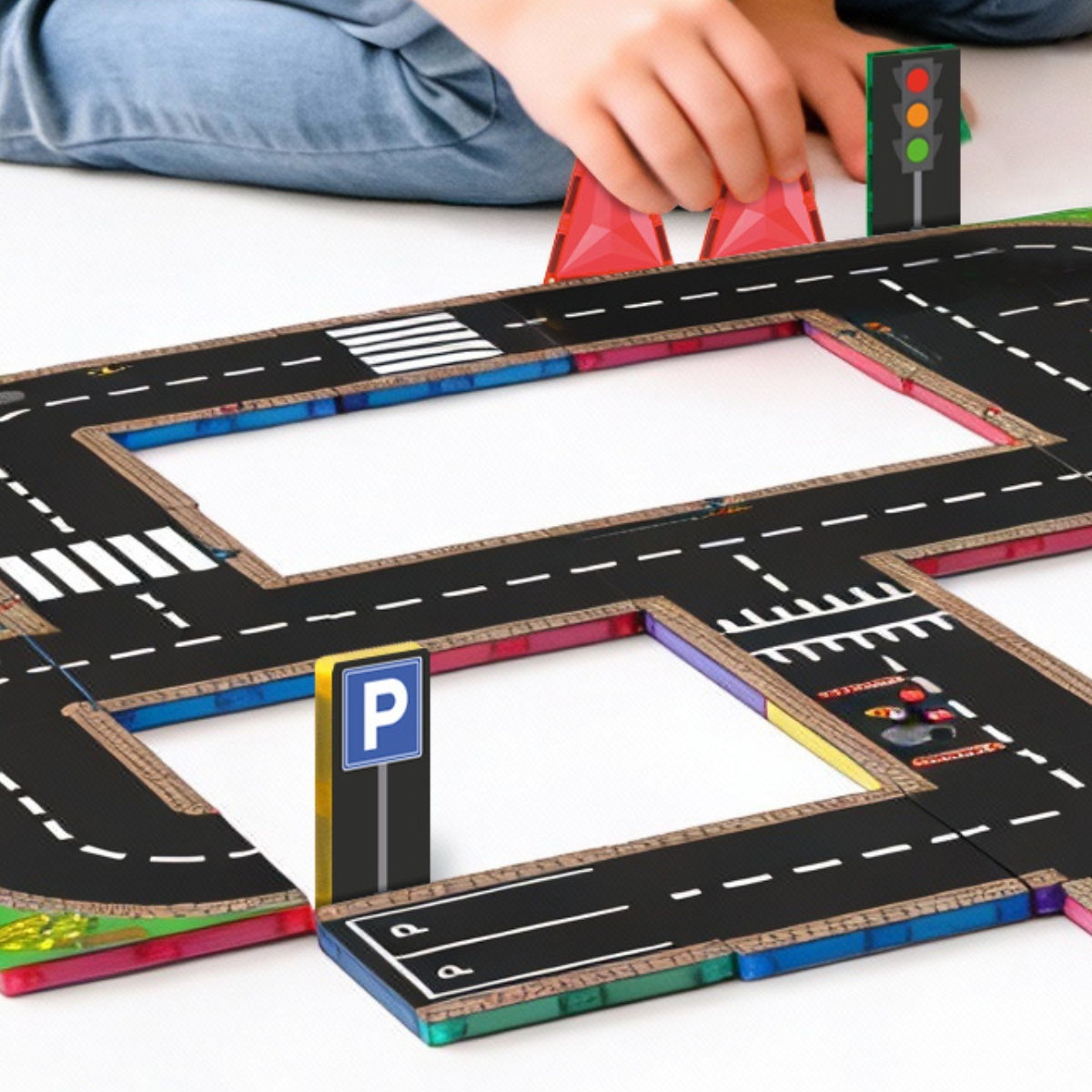 Detail Coblo wegen met magnetische bouwstenen, parkeerplaats en stoplicht tijdens spelen