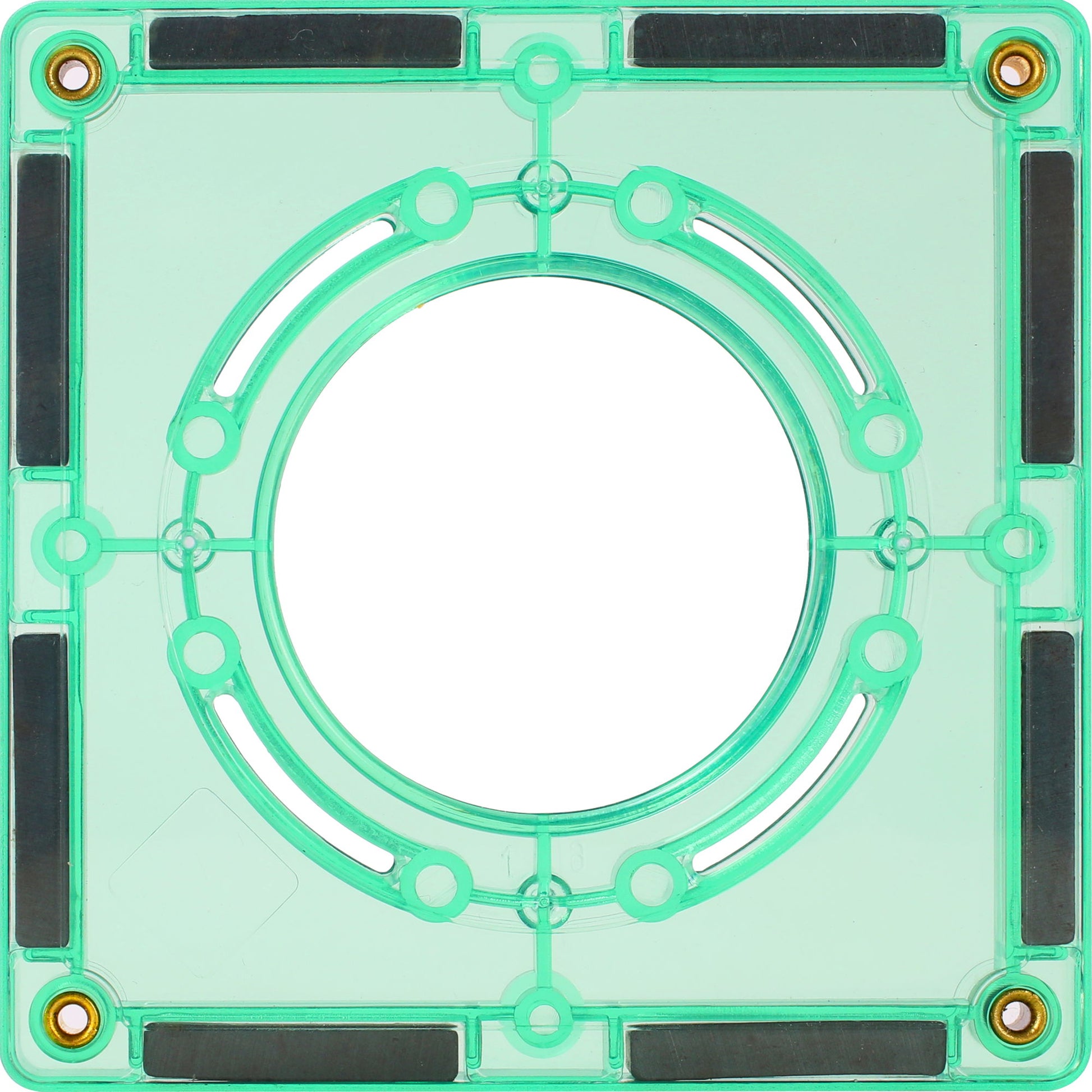 Coblo magneten detail bovenaanzicht groene magnetische tegel met centrale opening en zichtbare magneetpunten