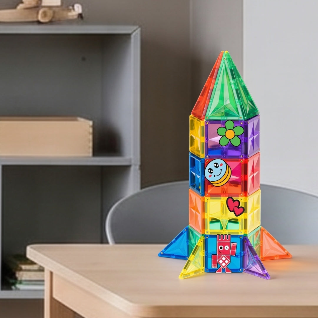 Coblo magneten raket toren gebouwd met magnetische tegels en kleurrijke icon toppers detail