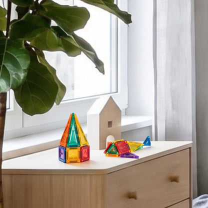 Magnetisch speelgoed Coblo bouwen huisje en vliegtuig op vensterbank kinderkamer interieur