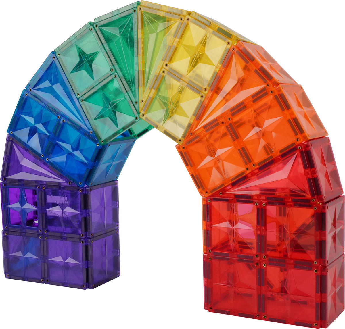 Coblo magnetische tegels regenboog boog constructie met kleurrijke vierkanten en driehoeken bovenaanzicht