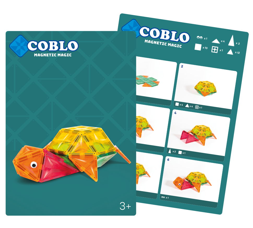 Coblo magnetische tegels bouwkaarten turquoise met schildpad creatie en 6 stapsgewijze bouwinstructies detail