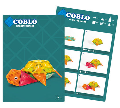 Coblo magnetische tegels bouwkaarten turquoise met schildpad creatie en 6 stapsgewijze bouwinstructies detail