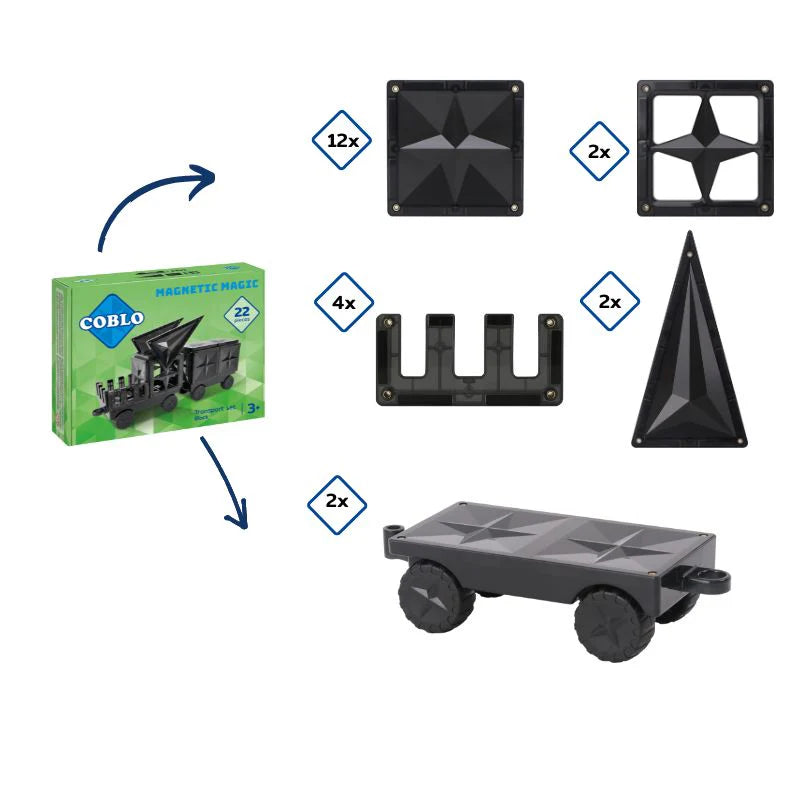 Coblo zwart uitbreiding overzicht: 22 magnetische tegels, driehoeken, vierkanten en auto onderstellen