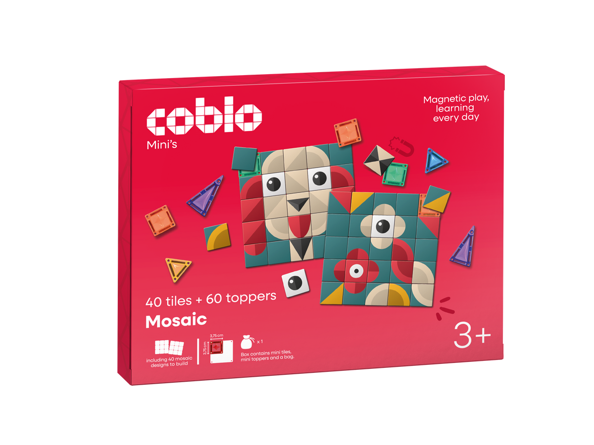 Coblo Mini Classic Mozaïk Toppers voorkant verpakking met 40 magnetische tegels en 60 toppers, rood