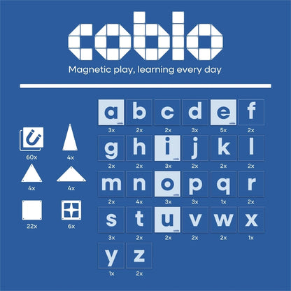 Coblo Mini inhoud overzicht 40 tegels 60 letter toppers alfabetisch complete set educatief speelgoed