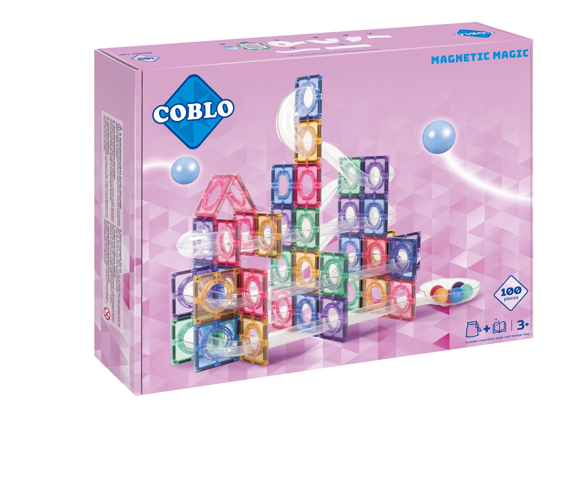 Coblo Pastel Knikkerbaan 100 stuks voorkant verpakking met magnetische bouwstenen in pastelkleuren