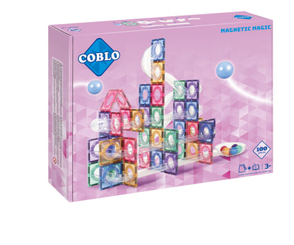 Coblo Pastel Knikkerbaan 100 stuks voorkant verpakking met magnetische bouwstenen in pastelkleuren