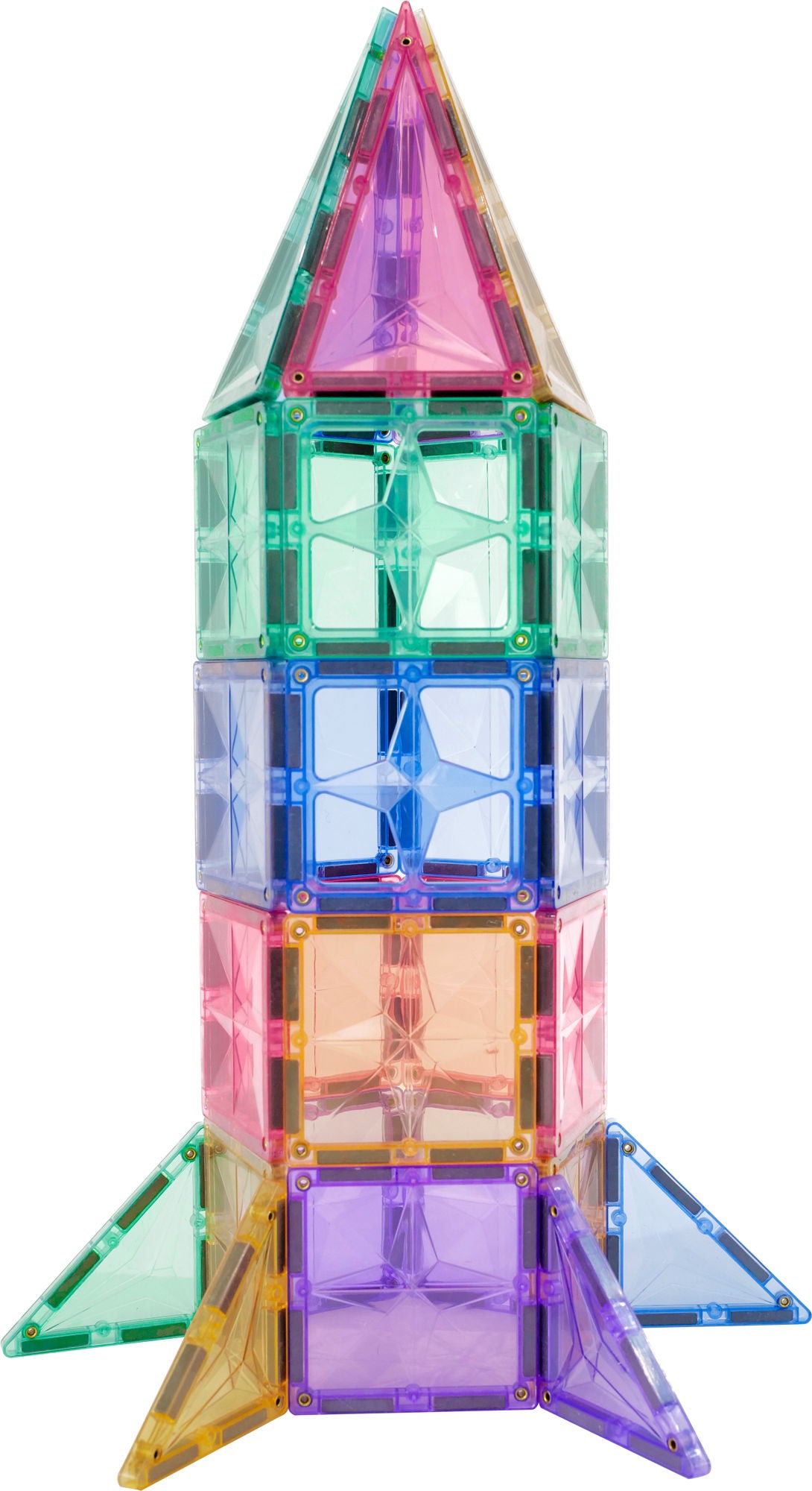Coblo pastel raket toren gebouwd met transparante magnetische blokken in diverse pastelkleuren