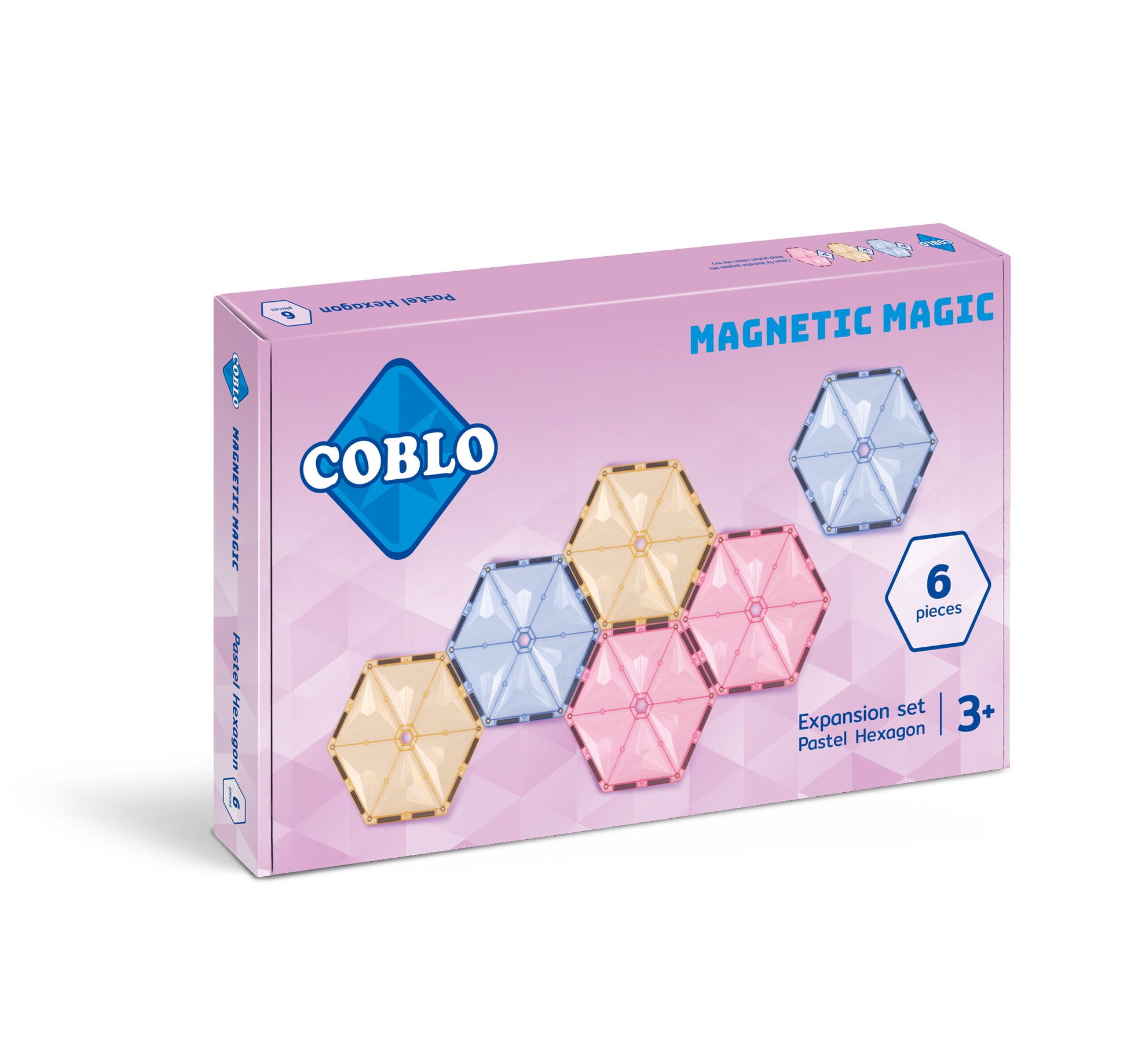 Coblo pastel zeshoek verpakking met 6 magnetische tegels in roze, blauw en geel tinten