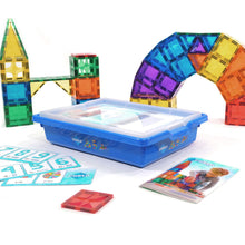 Coblo schoolbox met 100 magnetische tegels, opdrachtkaarten en blauwe opbergdoos met transparant deksel