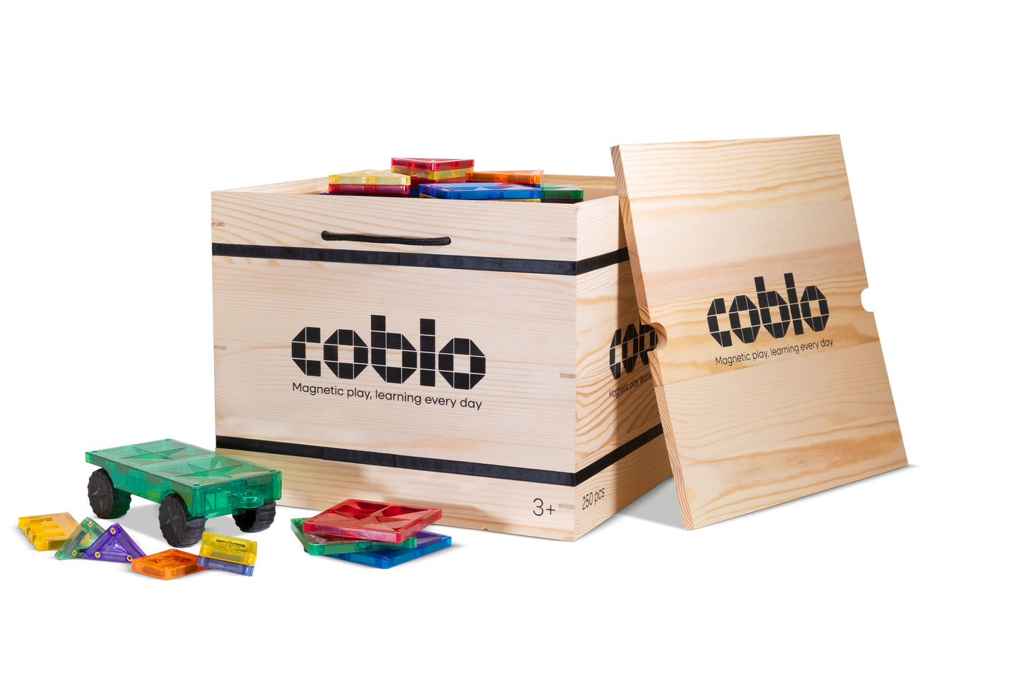Coblo schoolbox 250 stuks houten opbergdoos met deksel, magnetische tegels en speelgoedauto zichtbaar