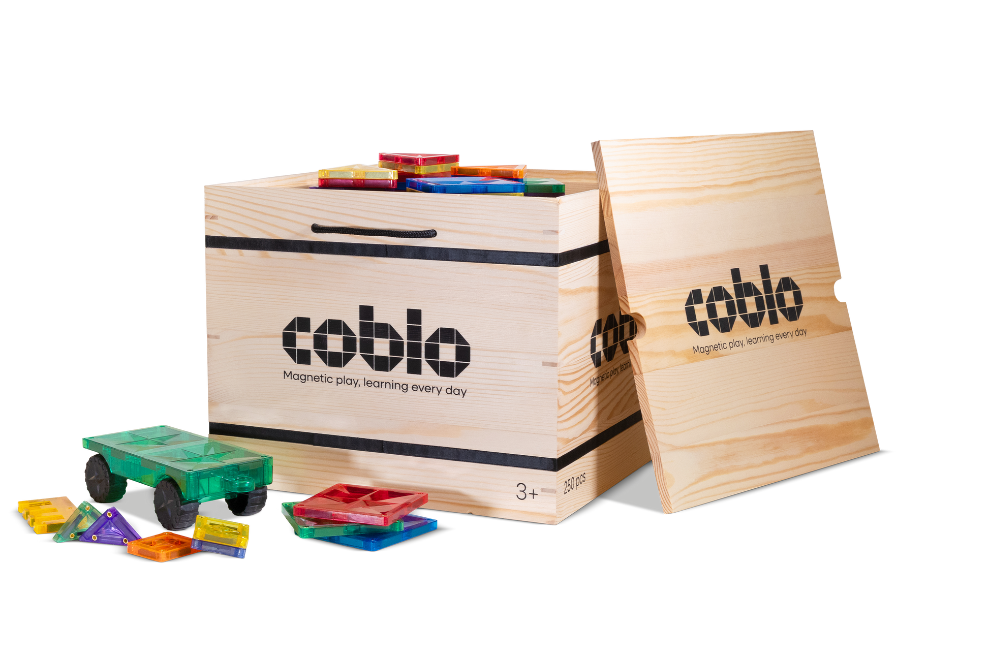 Coblo schoolbox 250 stuks houten opbergdoos met deksel, magnetische tegels en speelgoedauto zichtbaar
