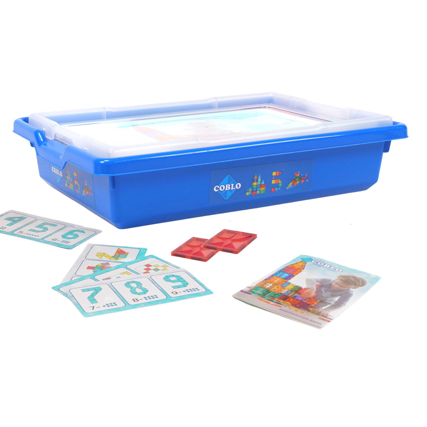 Coblo schoolbox blauwe opbergbox met transparant deksel, opdrachtkaarten en magnetisch speelgoed foto