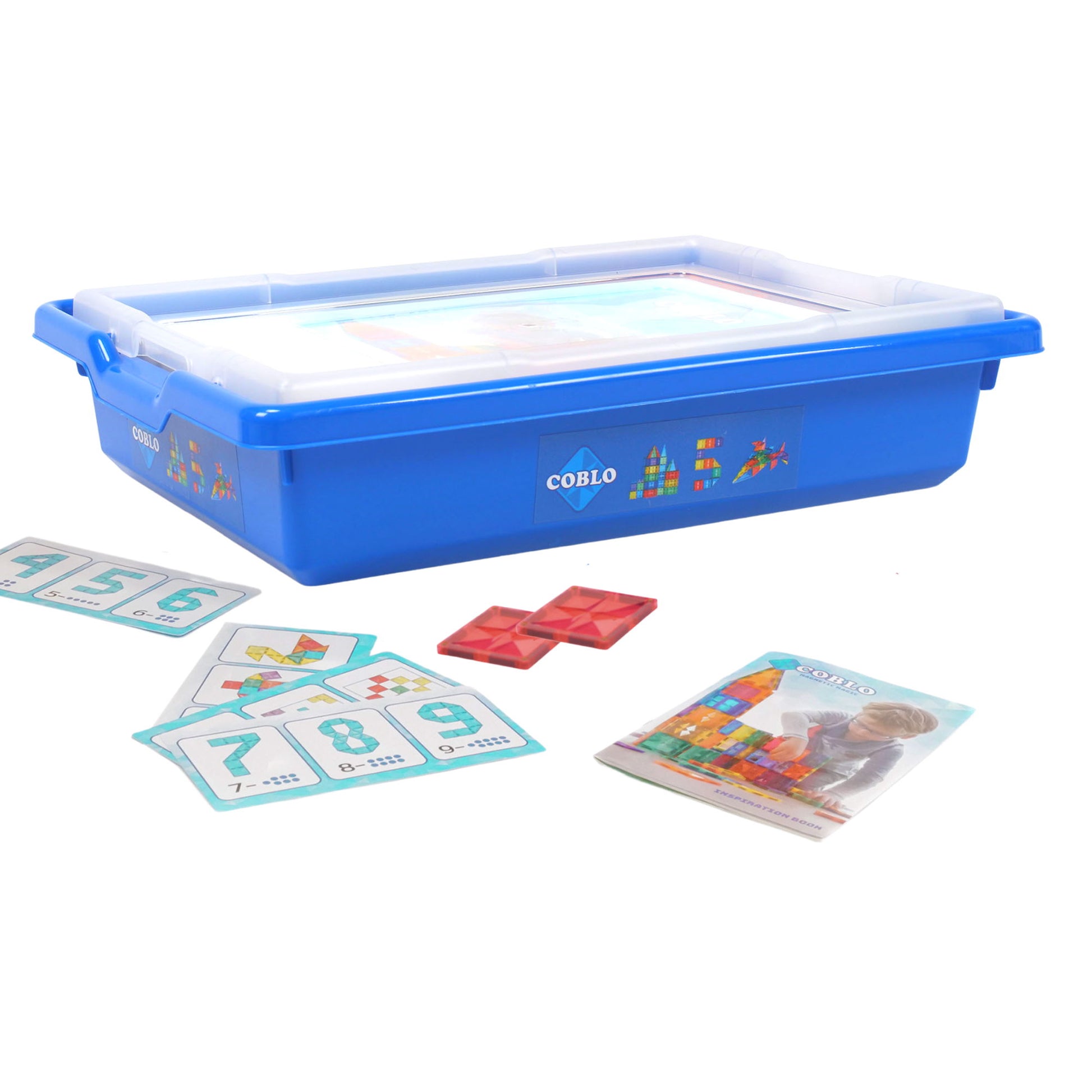 Coblo schoolbox blauwe opbergbox met transparant deksel, opdrachtkaarten en magnetisch speelgoed foto