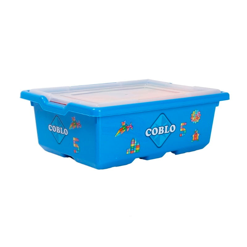 Coblo Schoolbox blauwe opbergdoos met transparant deksel en kleurrijk merklogo voor magnetische tegels