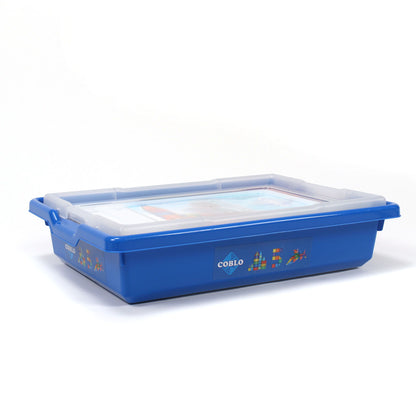 Coblo schoolbox blauwe opbergdoos met deksel zijaanzicht, magnetische bouwstenen set voor in de klas