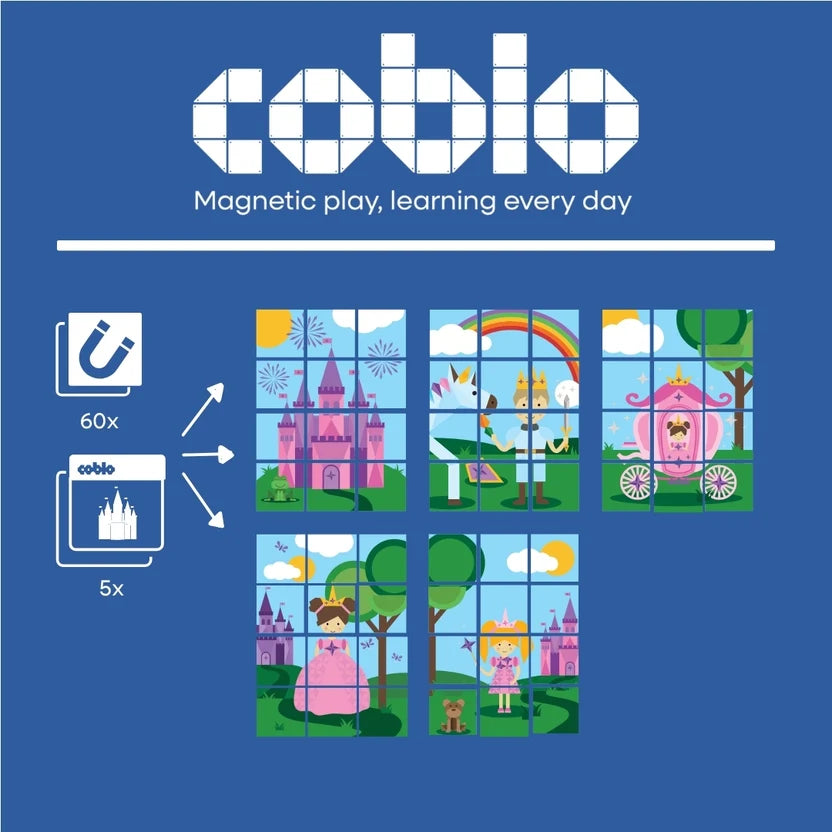 Coblo speelgoed achterzijde verpakking met 60 magneet toppers en 5 prinsessen puzzelvoorbeelden