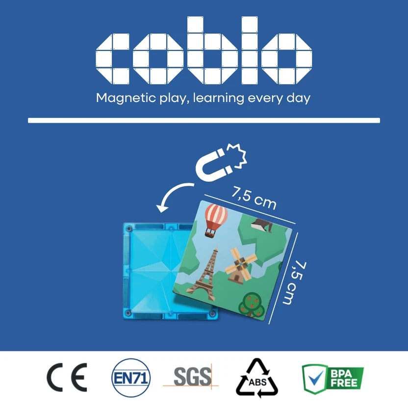 Coblo speelgoed afmetingen 7,5 x 7,5 cm per tegel met CE EN71 certificering en magneet speelgoed detail