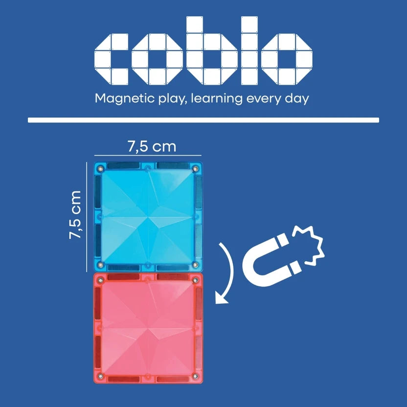 Coblo speelgoed afmetingen 7,5 cm magnetische vierkante tegels detail foto met magneet illustratie blauw