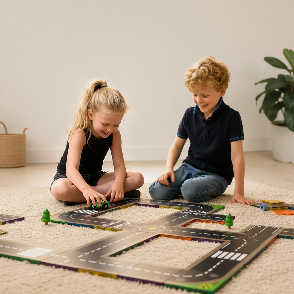 Jongen en meisje bouwen samen speelweg met Coblo magnetische tegels en autootjes thuis