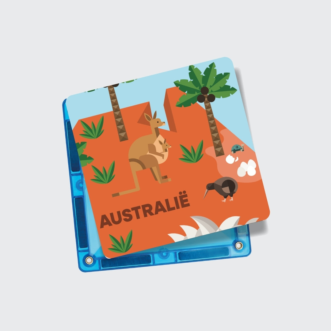 Coblo toppers Australië kaart met kangoeroe op blauwe magnetische tegel, wereldkaart puzzel detail