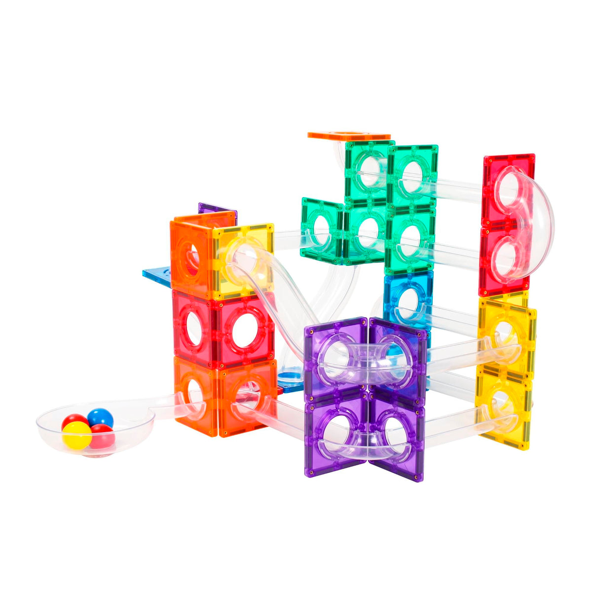 Coblo uitbreiding knikkerbaan configuratie met gekleurde magnetische tegels en transparante knikkerglijbanen
