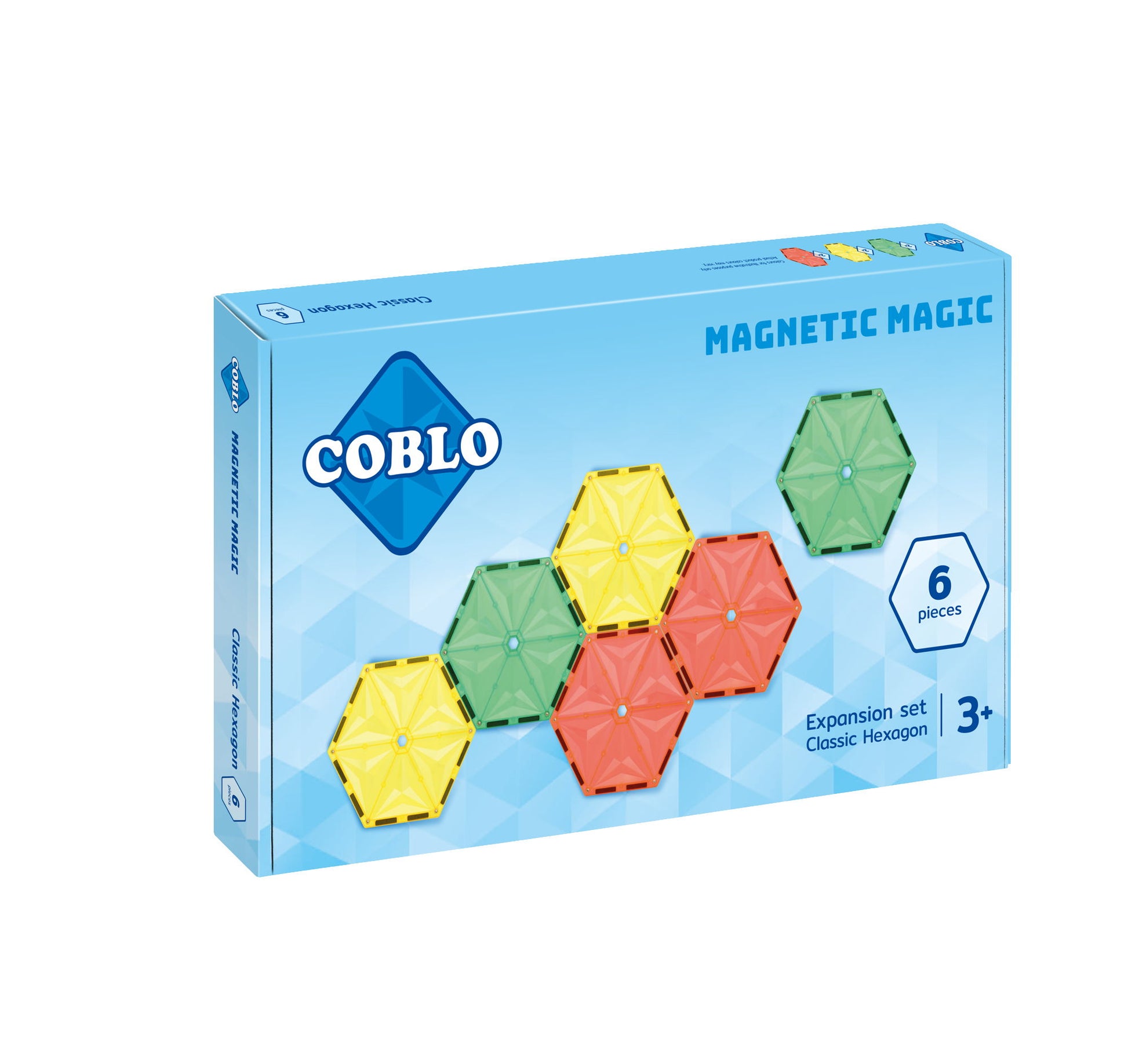 Coblo zeshoek uitbreidingsset voorkant verpakking met 6 magnetische tegels in kleurrijk design