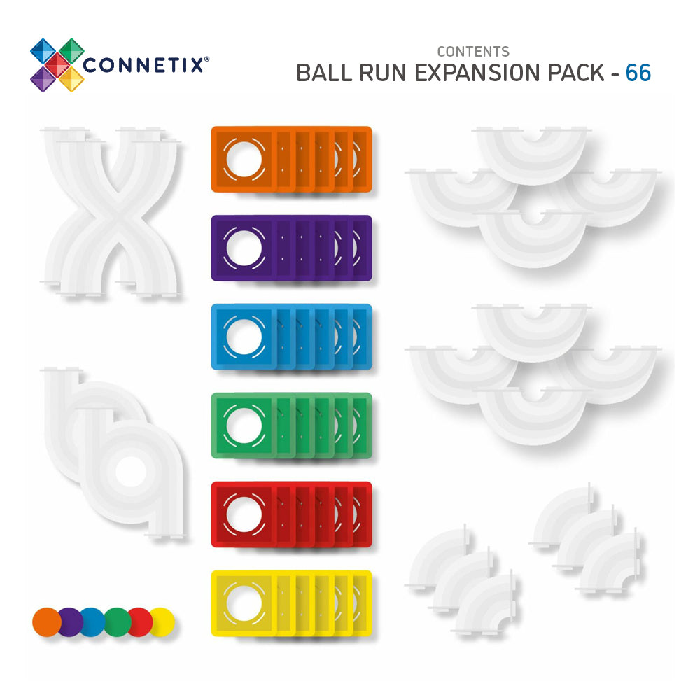 Connetix Rainbow Ball Run Expansion Pack 66pc inhoud overzicht met magnetische bouwstenen
