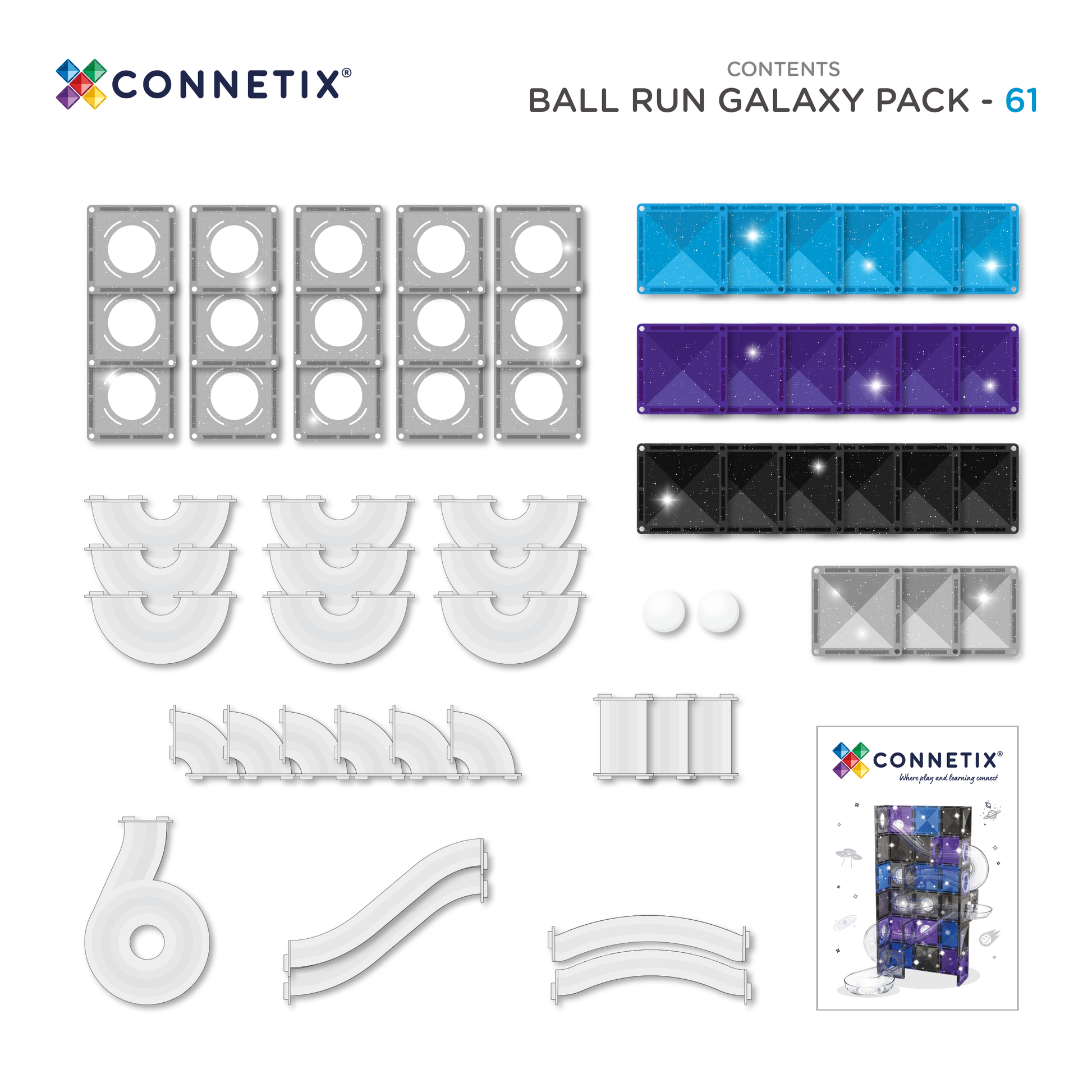 Connetix Ball Run Galaxy Pack inhoud overzicht met 61 onderdelen, banen en magneten speelgoed