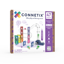 Connetix Ball Run Launcher Pack voorkant verpakking, 47 magnetische tegels knikkerbaan met launcher