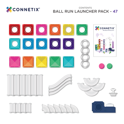 Connetix ball run launcher pack inhoud bovenaanzicht, alle 47 magneten speelgoed onderdelen