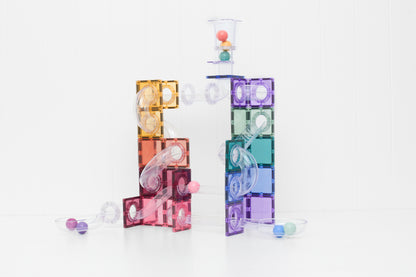 Connetix ball run pastel creatieve opbouw met transparante magnetische tegels en doorzichtige tubes