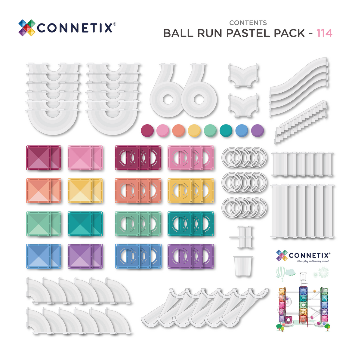 Connetix Ball Run Pastel Pack 114 inhoud bovenaanzicht met alle magnetische tiles en onderdelen