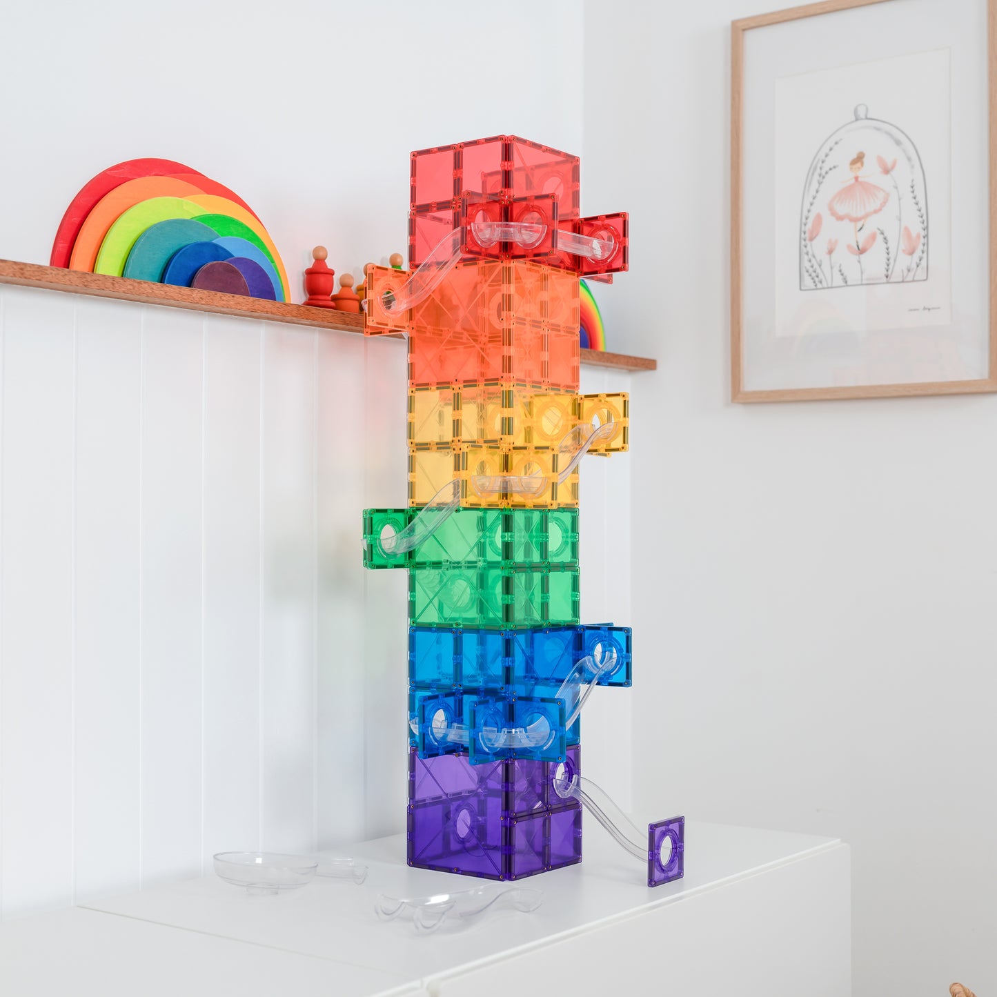 Connetix ball run verticale toren met rainbow magneten speelgoed in regenboogkleuren