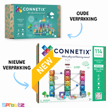 Connetix Bright Ball Run Pack 114 verpakking vergelijking oude en nieuwe doos met magnetische tegels