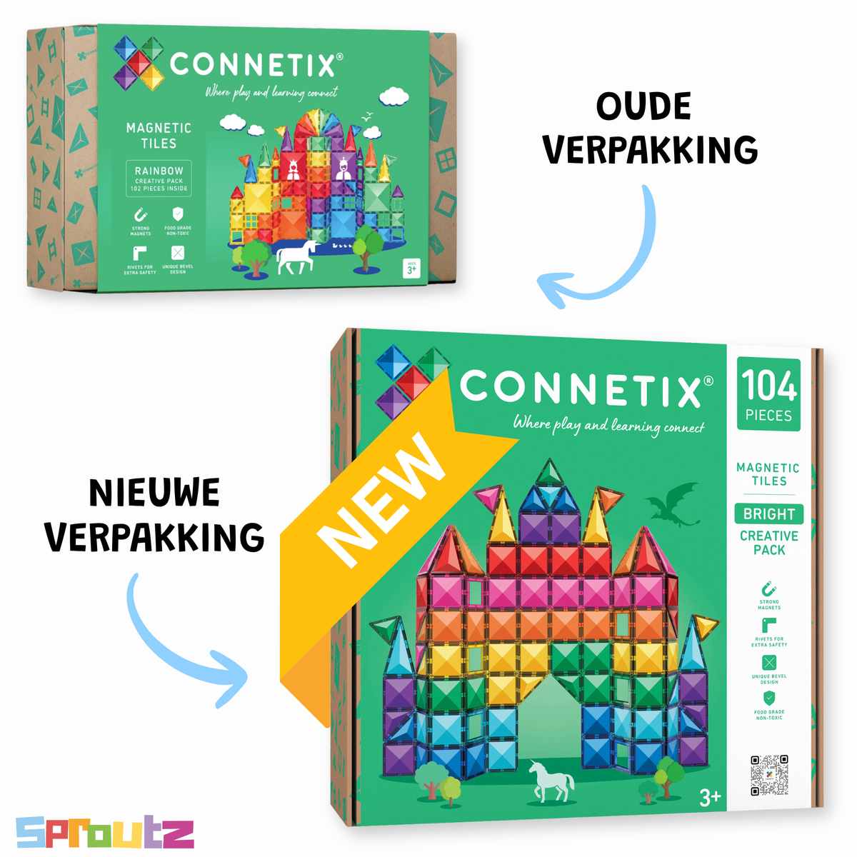 Connetix Bright Creative Pack 104 magnetische tegels verpakking voorkant met kleurrijk kasteel