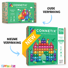 Connetix Bright Creative Pack 104 magnetische tegels verpakking voorkant met kleurrijk kasteel