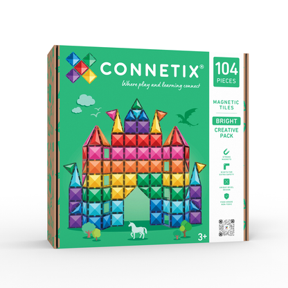 Connetix Bright Creative Pack 104 verpakking voorkant met kleurrijk kasteel van magneet speelgoed