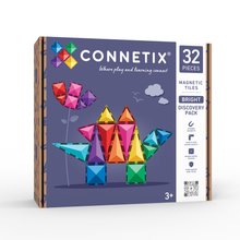 Connetix Bright Discovery Pack voorkant doos met 32 magnetische tegels in kleurrijke vormen en bloemen