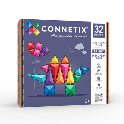 Connetix Bright Discovery Pack voorkant doos met 32 magnetische tegels in kleurrijke vormen en bloemen