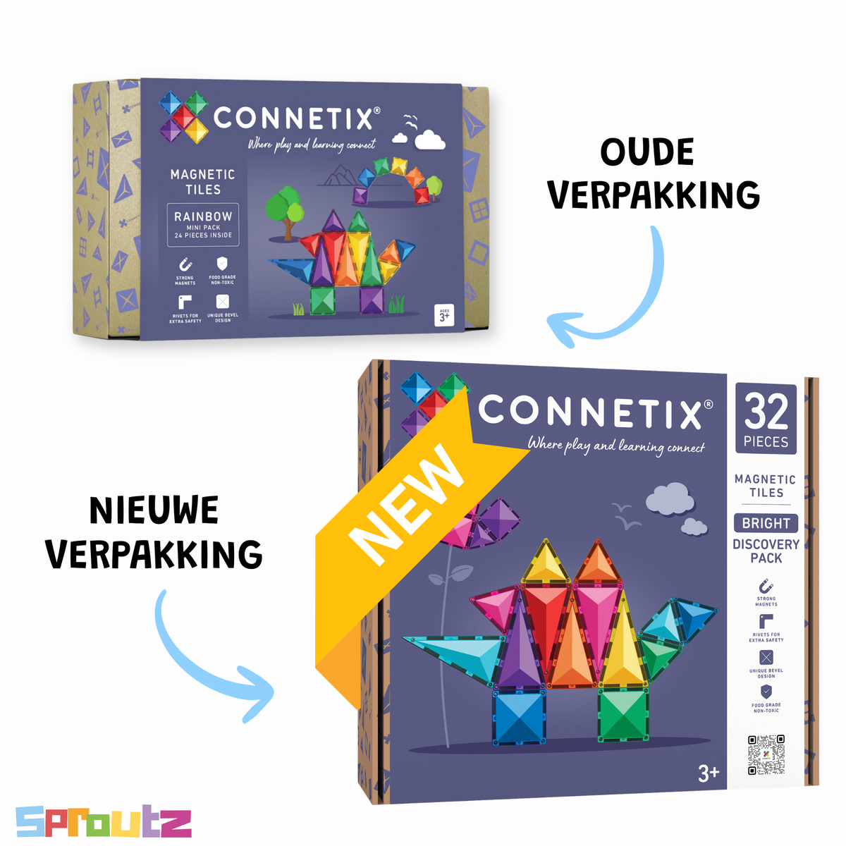 Connetix Bright Discovery Pack magnetisch speelgoed voorkant verpakking 32 stuks met oude en nieuwe doos