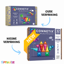 Connetix Bright Discovery Pack magnetisch speelgoed voorkant verpakking 32 stuks met oude en nieuwe doos