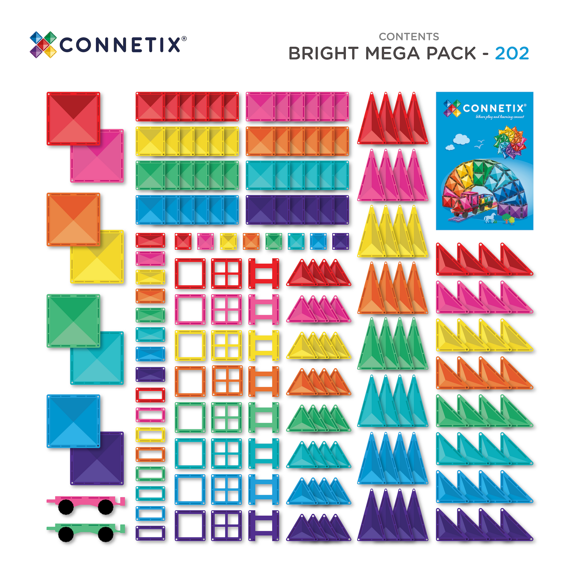Connetix Bright Mega Pack 202 inhoud overzicht met alle magneet speelgoed onderdelen