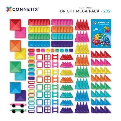 Connetix Bright Mega Pack 202 inhoud overzicht met alle magneet speelgoed onderdelen