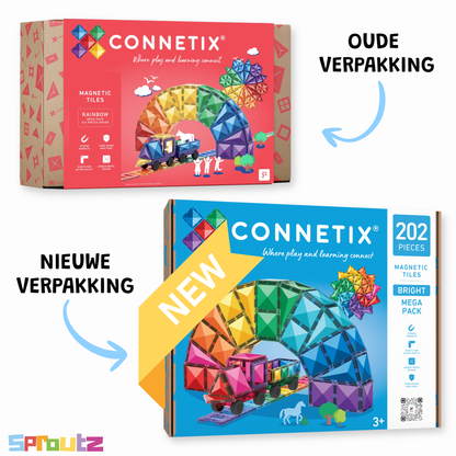 Connetix Bright Mega Pack 202 nieuwe verpakking met oude rainbow editie op witte achtergrond