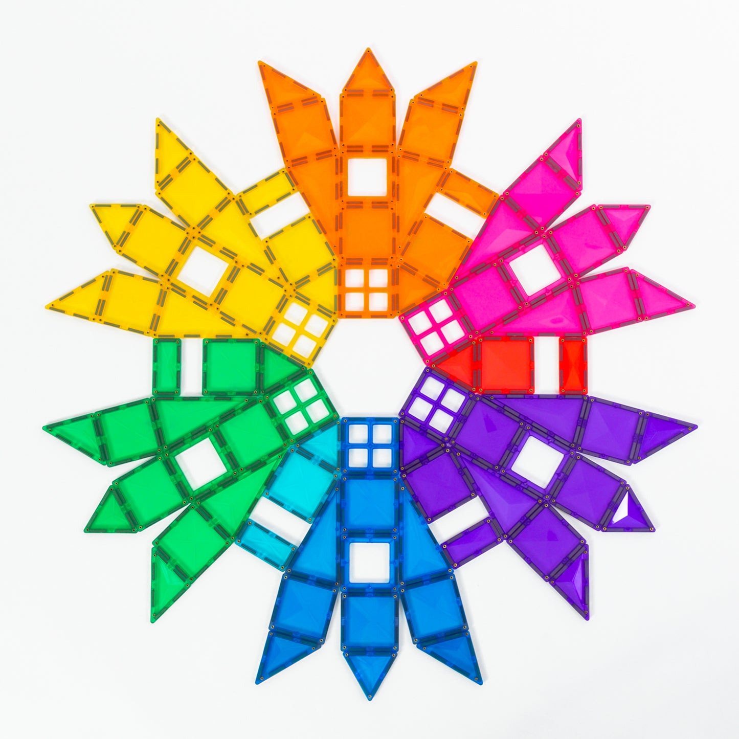 Connetix Bright Mega Pack 202 ster mandala bovenaanzicht met magnetische tegels in regenboog