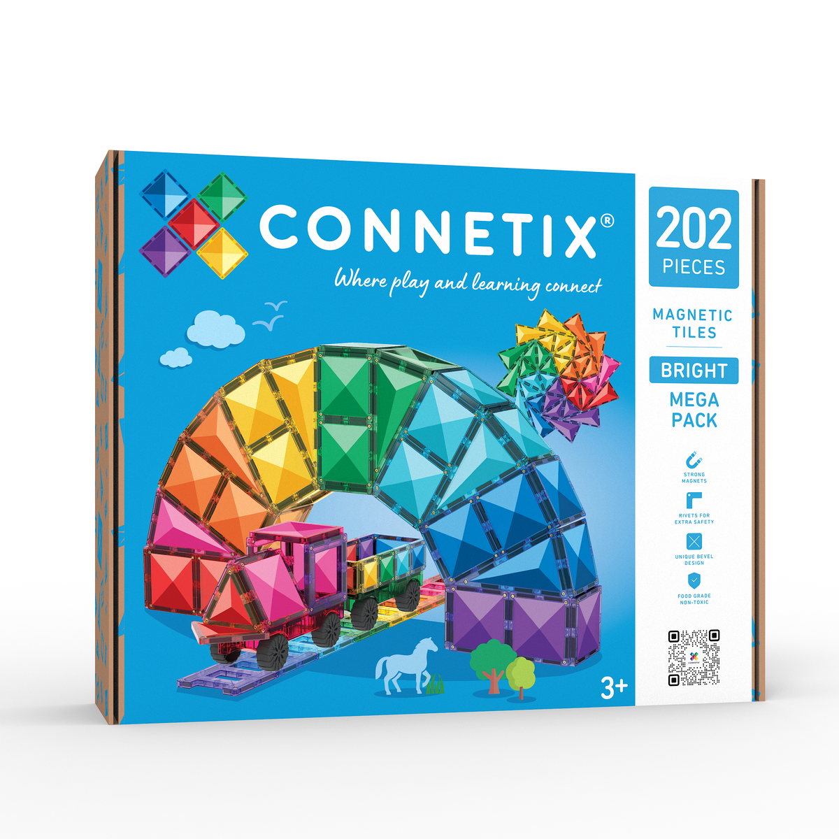 Connetix Bright Mega Pack 202 voorkant verpakking met kleurrijke magnetische tegels en trein