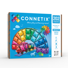 Connetix Bright Mega Pack 202 voorkant verpakking met kleurrijke magnetische tegels en trein