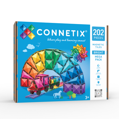 Connetix Bright Mega Pack 202 voorkant verpakking met kleurrijke magnetische tegels en trein